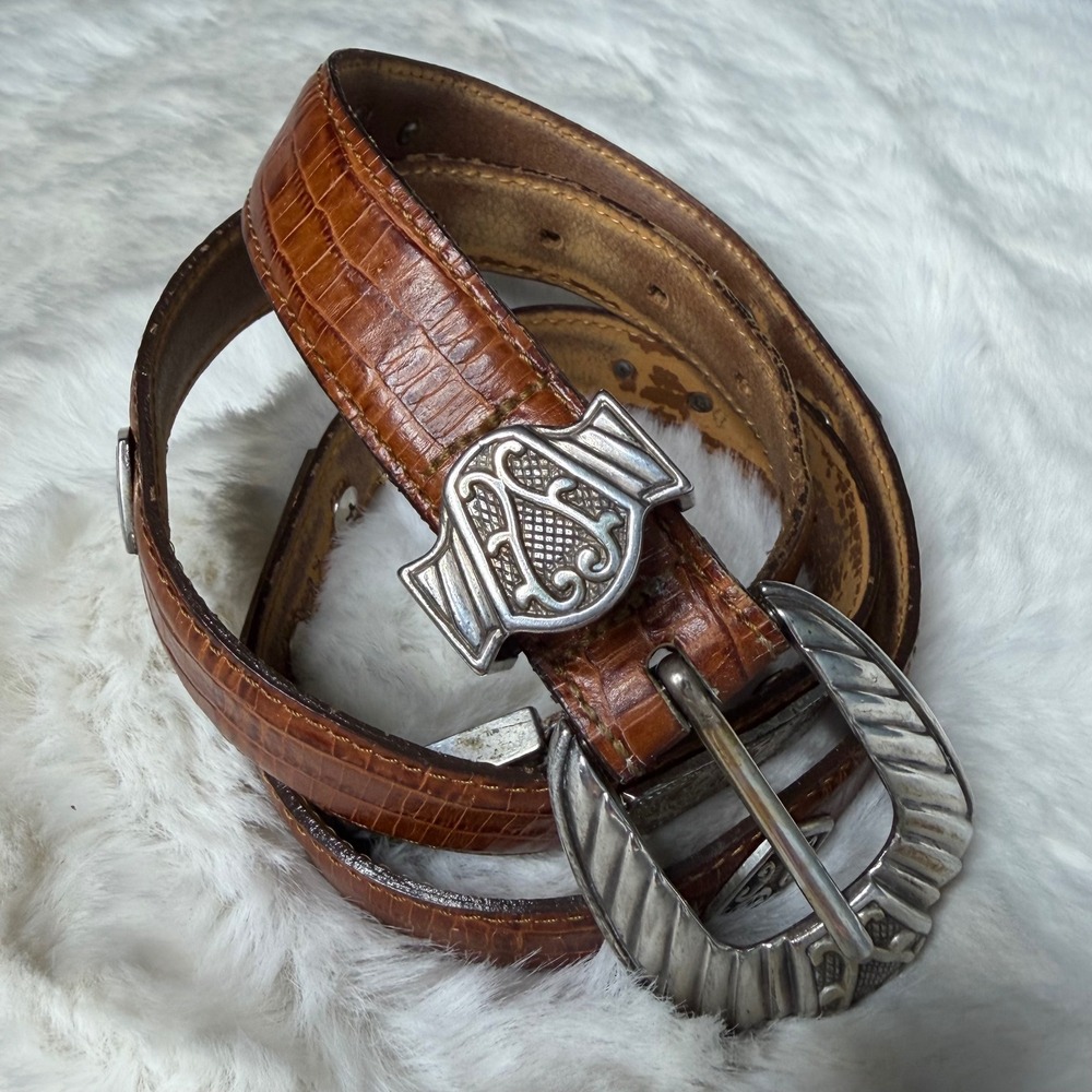 Vintage 1998 Bucklesource Brown Croc Embossed Leather Western Belt Silver Buckle